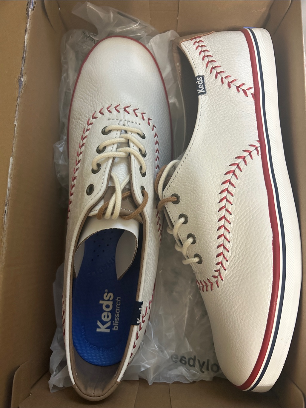 Keds Men’s Cream Leather Sneakers With Red Stitch Accents — image 2 of 5